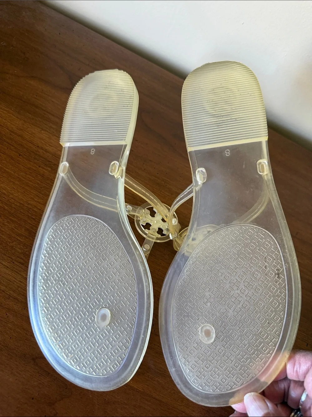 Tory Burch Clear Jelly Thong Sandals with White Logo Medallion